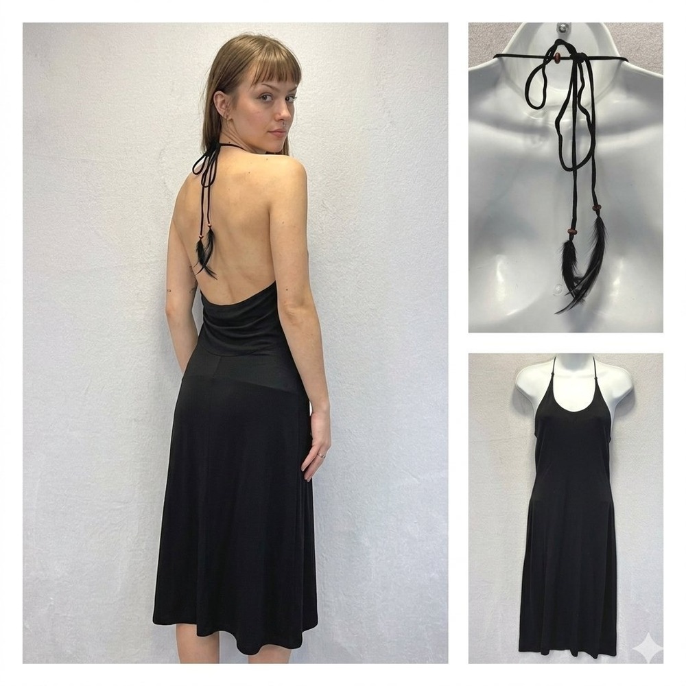 Vintage Y2K Lauren Ralph Lauren Black Feather Halter Dress Womens S Midi Beads